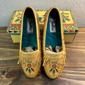 Vtg 90s Zodiac Womens Sz 7 Leather Indian Print Moccasins Flats Shoes EUC! RARE